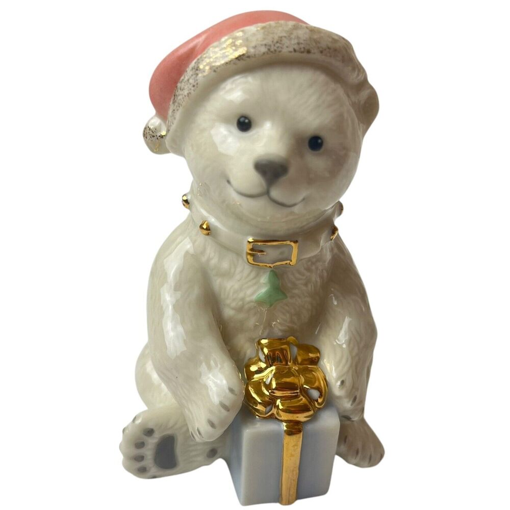 Lenox Polar Bear Cub Holding Christmas Present Figurine Santa Hat - RARE 3.25x2”